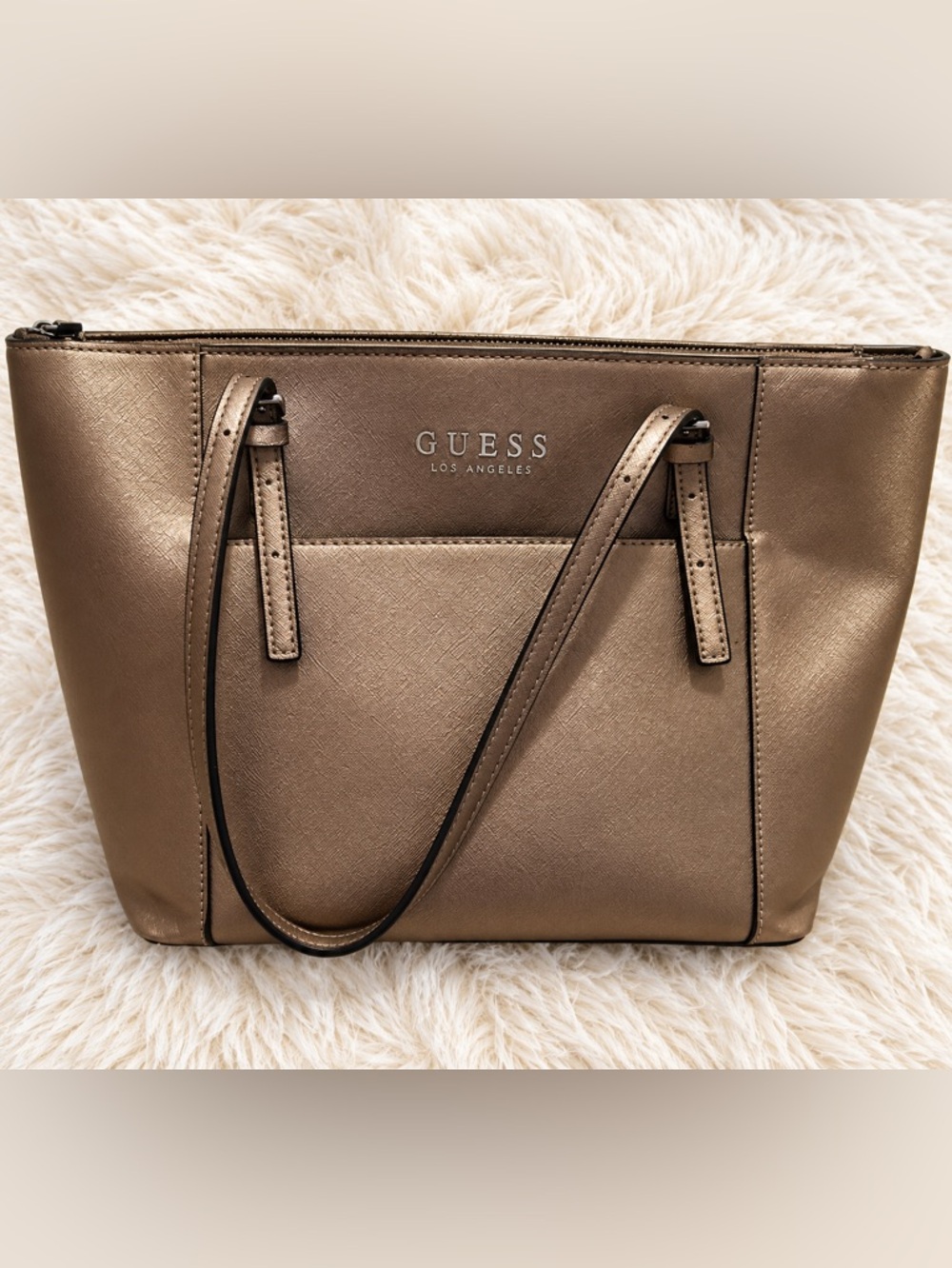 GUESS Metallic Bronze Saffiano Tote Shoulder Bag